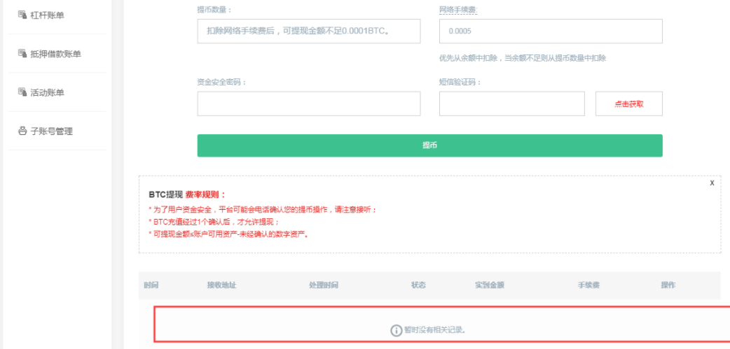 提币记录查询界面